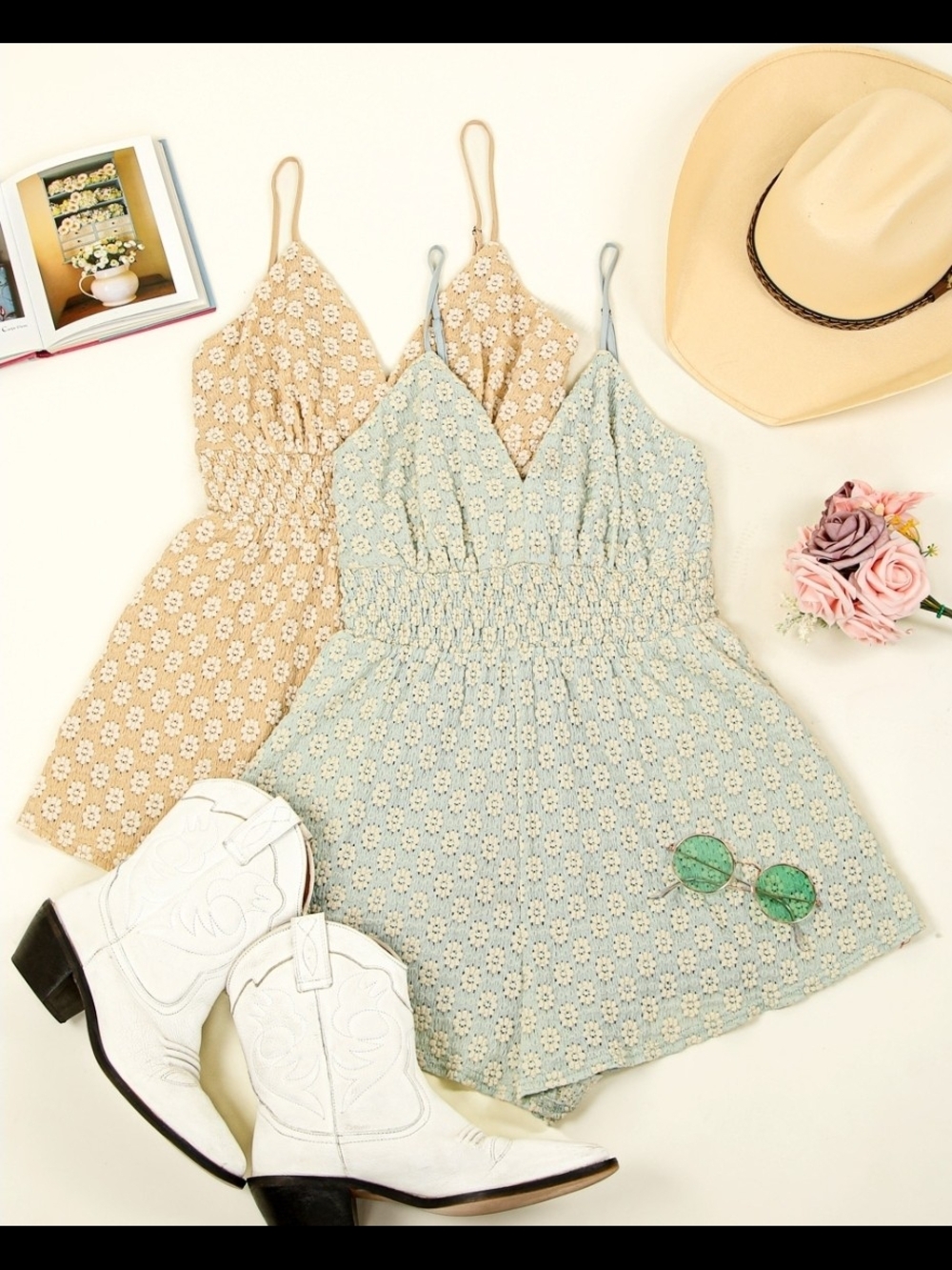 Floral Smocked Cami Romper in Sage Blue